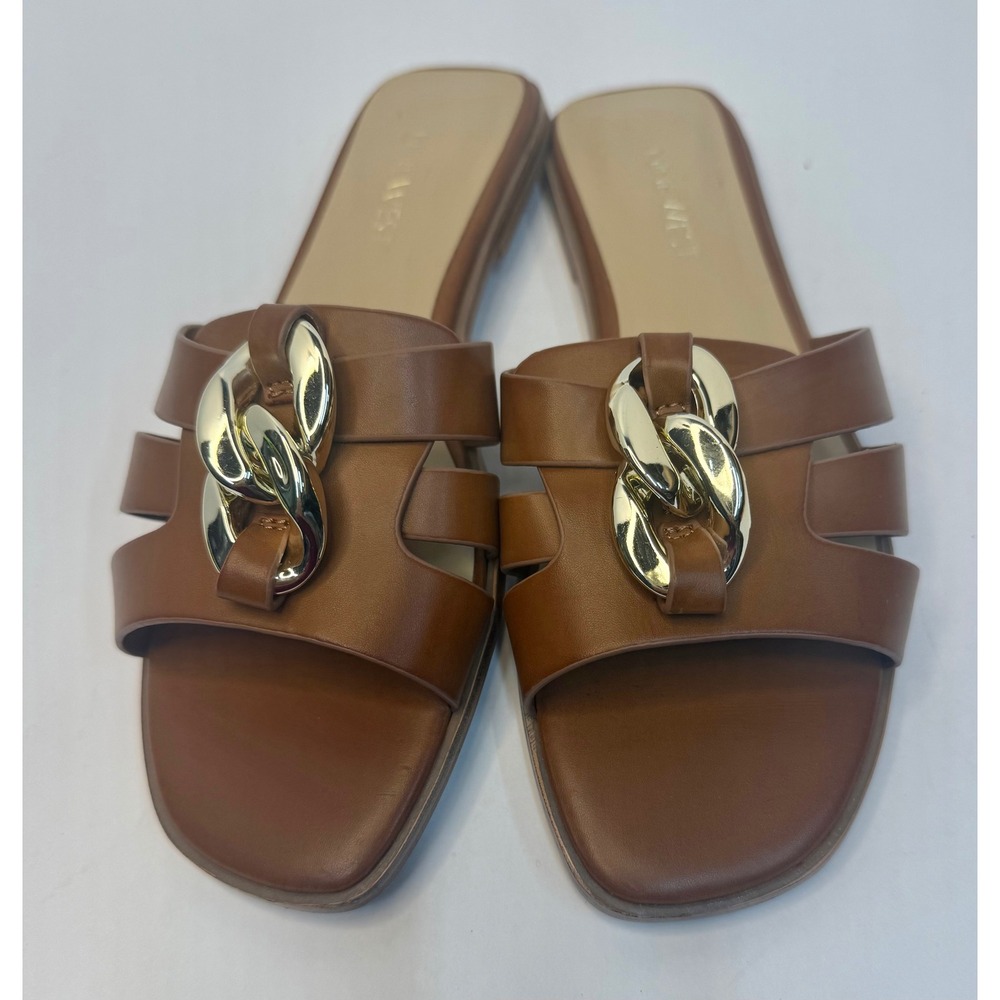 Nine West Graso Flat Slide Sandal Brown Gold tone Chain Link Size 7.5 Timeless